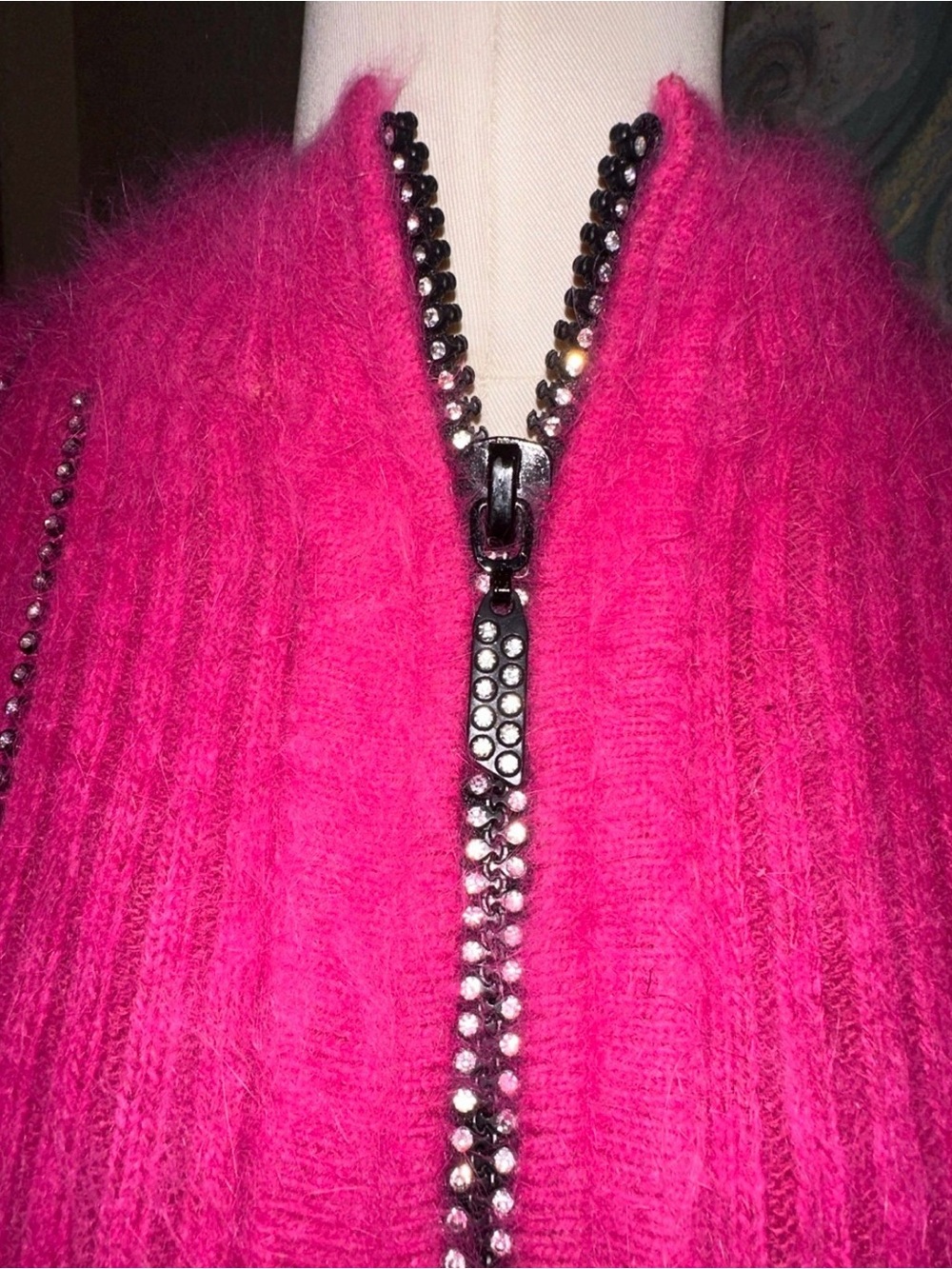 Venesha Womens M 80% Angora Pink Rhinestone Zip Cardigan Sweater Y2K Fuzzy - Picture 3 of 11